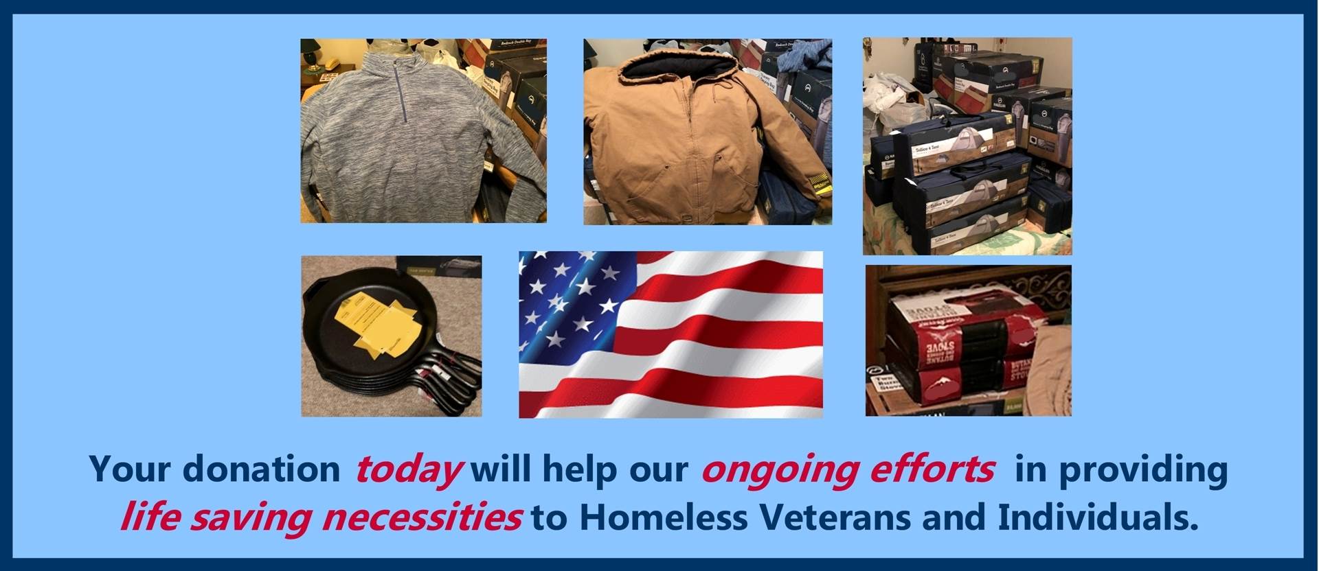non-profit donation emergency clothes coats tents stoves skillets american us flag old glory